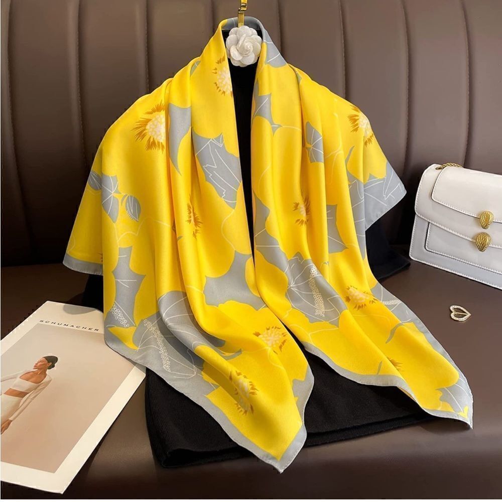 Yellow Floral Silky Scarf 
